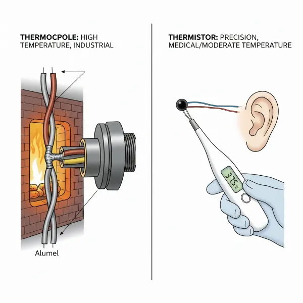 Illustration comparing a thermocouple and a thermistor with their respective applications