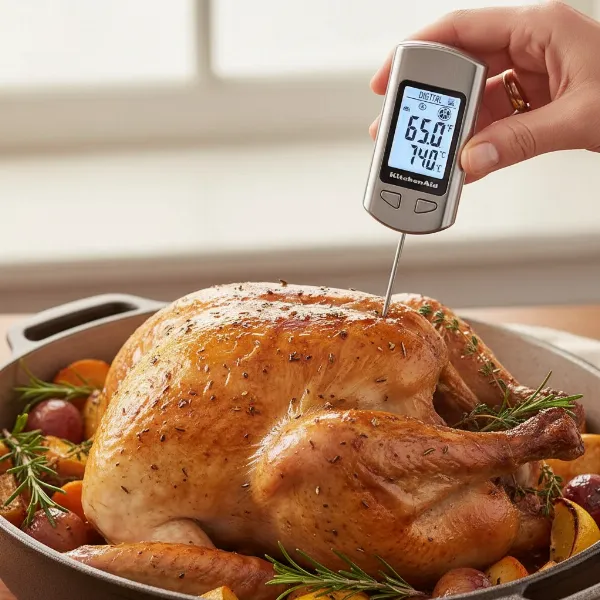 Hand holding KitchenAid thermometer inserted into a roasting chicken, displaying internal temperature for perfect doneness.