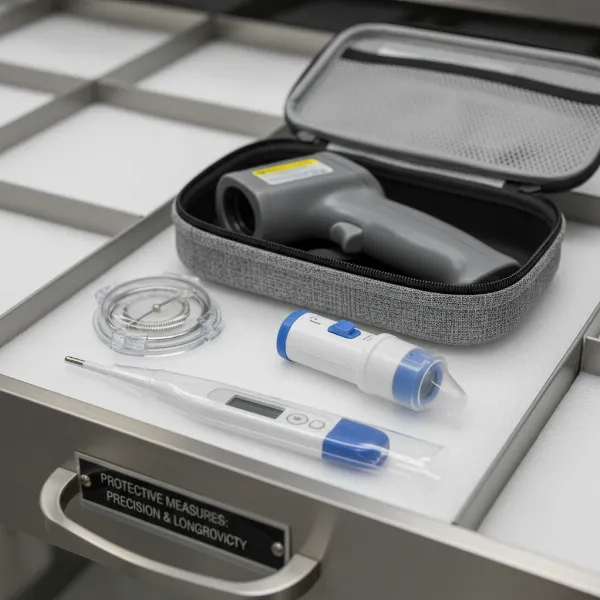 Various thermometers, highlighting their delicate nature and need for proper, protective storage to maintain accuracy.
