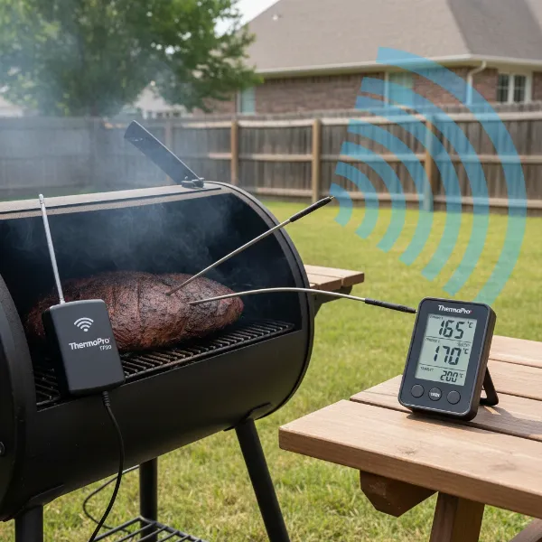 ThermoPro TP20 transmitter and receiver displaying temperature, showing dual probes and extensive wireless range.