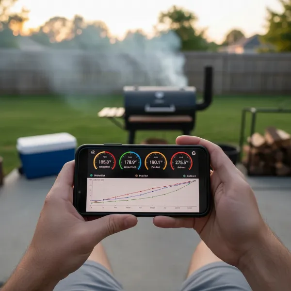 Smartphone screen displaying the ThermoWorks app with real-time temperature graphs for multiple probes.