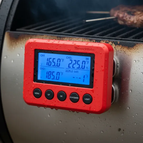 Close-up of ThermoWorks Signals unit displaying multiple probe temperatures on its LCD screen.