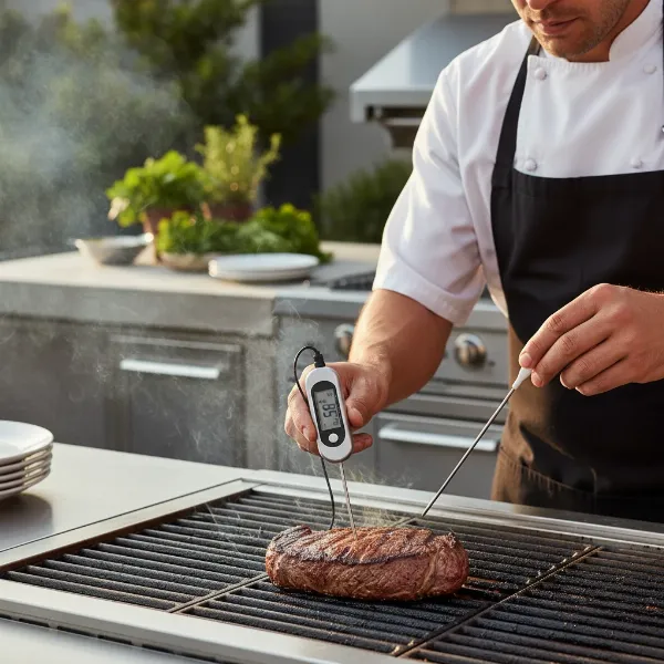 chef using thin probe thermometer to check internal temperature of a cooking flank steak for doneness