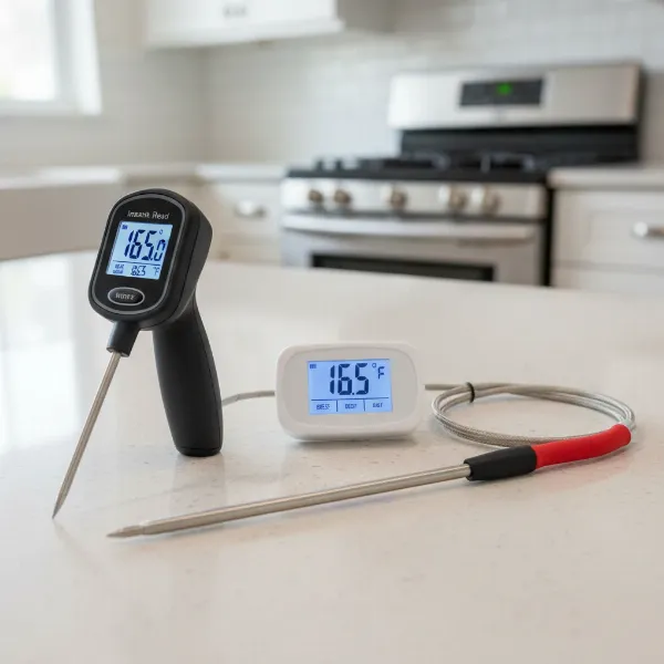 Two types of meat thermometers: an instant-read thermometer and an oven-safe probe thermometer.