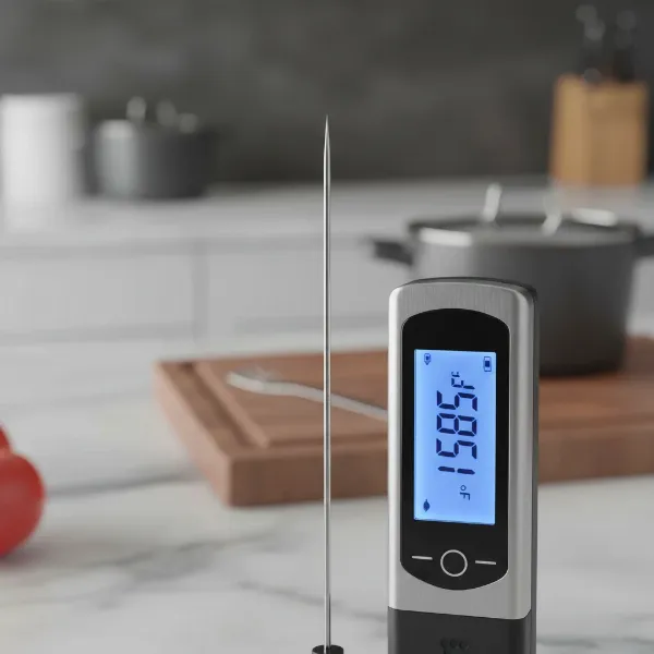 close up of a professional ultra-thin probe instant-read meat thermometer's tip and digital display