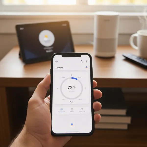 A person using a smartphone to control a smart thermometer via the Google Home app, demonstrating remote management.