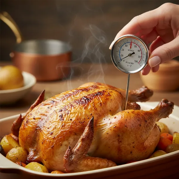 hand inserting analog meat thermometer into succulent roasted chicken