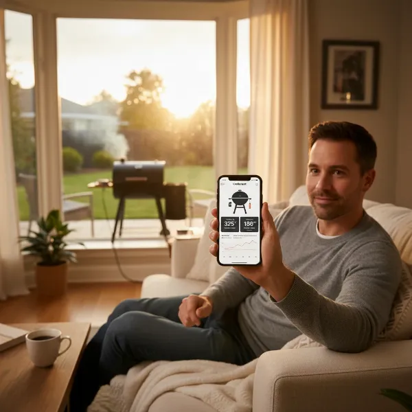 A person monitoring their grill with the Cuisinart Easy Connect BBQ app on a smartphone, showing remote cooking convenience.
