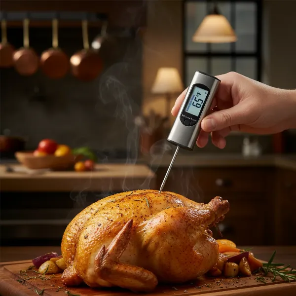 Chef checking internal temperature of roasted chicken with digital meat thermometer.