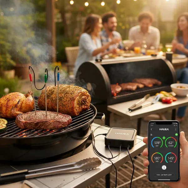 Wireless meat thermometer probes inserted into various meats on a grill or smoker, connected to a smartphone app.
