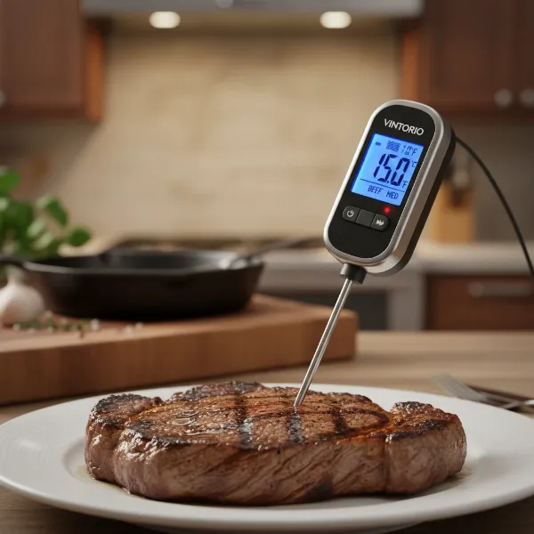 vintorio digital meat thermometer accurately measuring internal temperature of a cooked steak