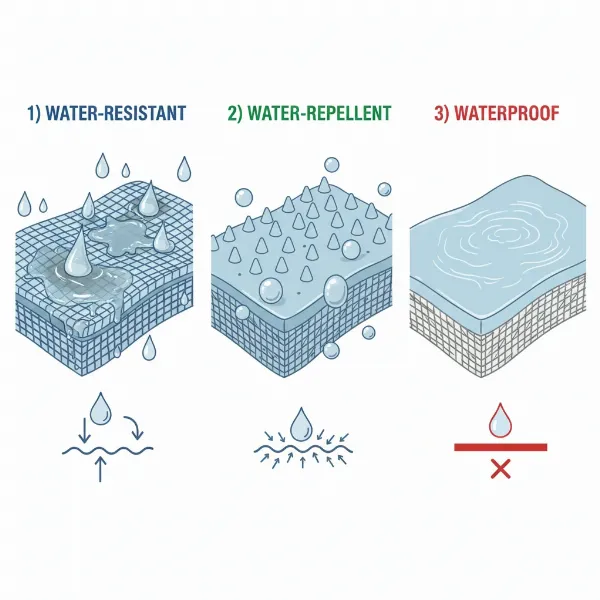 Visual comparison of water-resistant, water-repellent, and waterproof properties with water droplets.