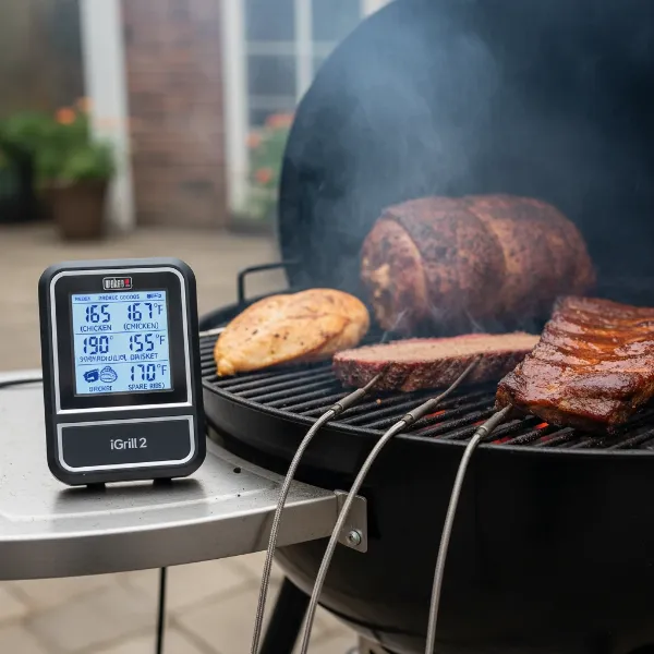 A Weber iGrill 2 thermometer monitoring multiple cuts of meat on a grill.