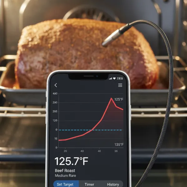 A smartphone displaying a wireless meat thermometer app, monitoring a large roast in an oven.