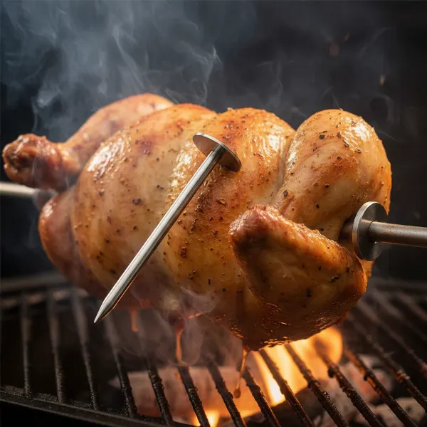 Wireless meat thermometer probe in a rotating rotisserie chicken on a grill.