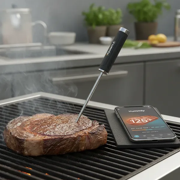 Yummly smart thermometer and app displaying cooking progress.