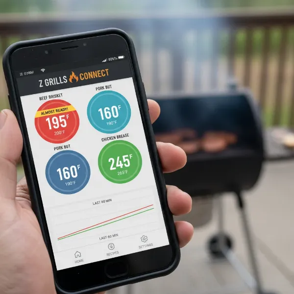 Z Grills smartphone app displaying real-time meat temperatures and alert settings.